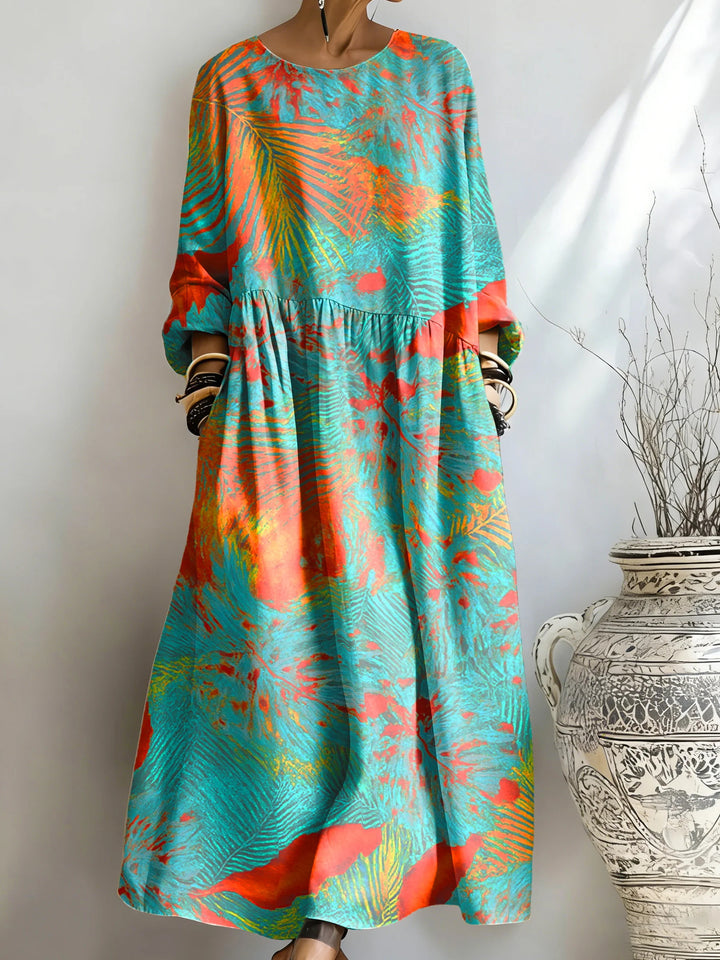 Women's Blue And Orange Contrast Palm Leaf Print Pocket Dress