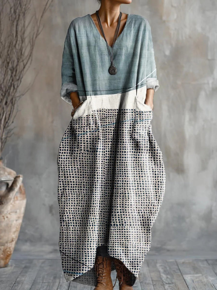 Grey Dot Print Loose V-Neck Pocket Dress