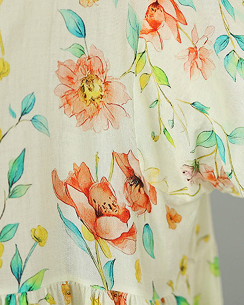 Fresh Watercolor Floral Cotton Linen Loose Dress