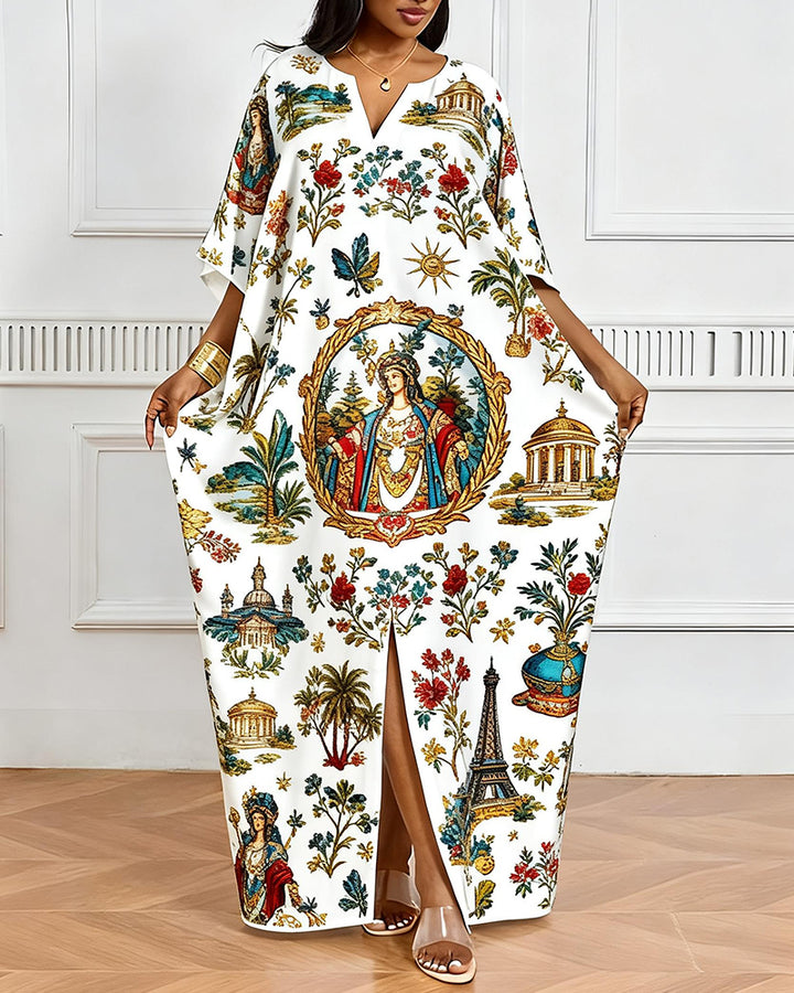 European-style Vintage Architectural Figure Print V-neck Elegant Dress
