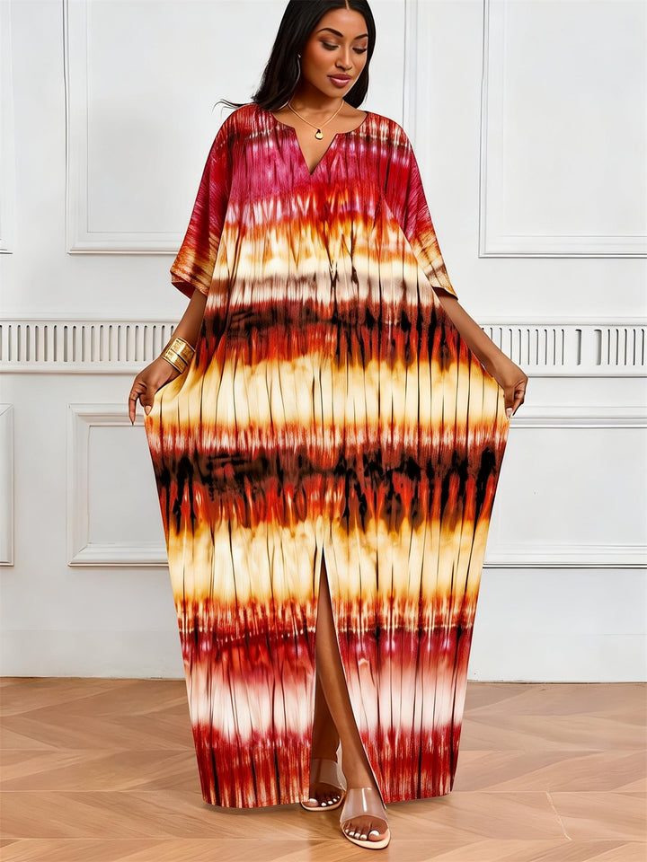 Red-Brown Gradient Stripe Tie-Dye V-Neck Elegant Dress