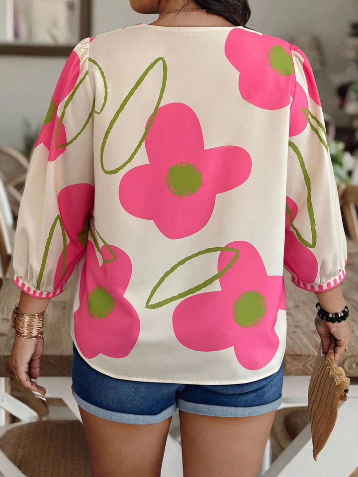 Pink Green Large Floral Print V-Neck Puff Sleeve Top