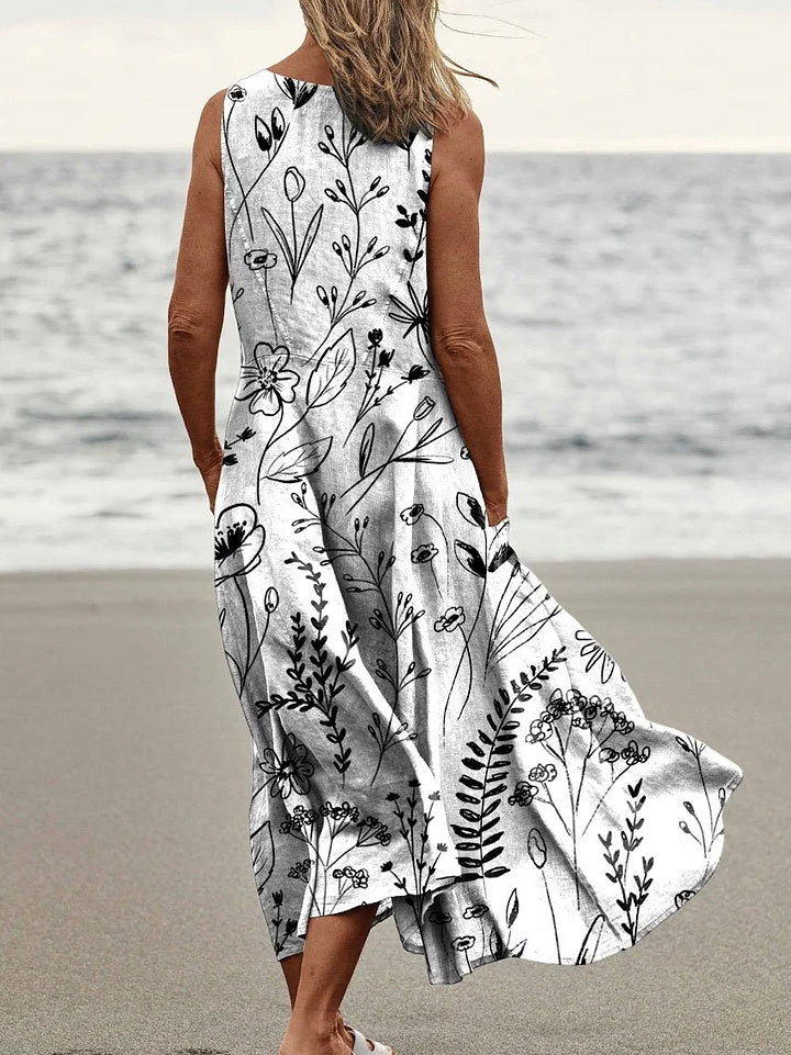 Simple Floral Print Pocket Round Neck Vest Dress