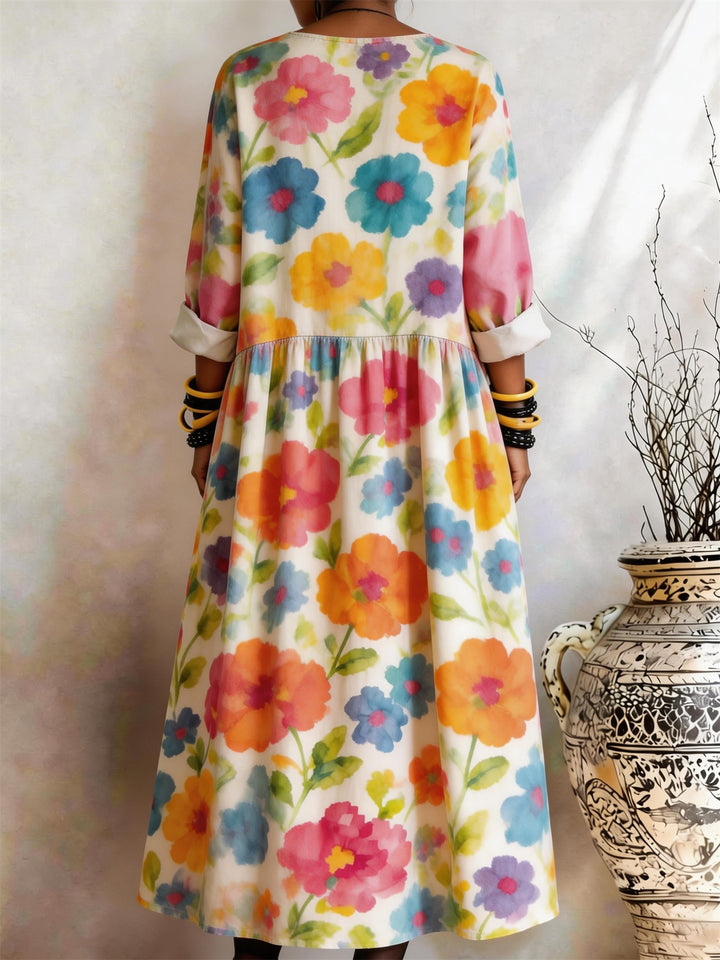 Large Watercolor Floral Print Pocket Dress On White Bottom