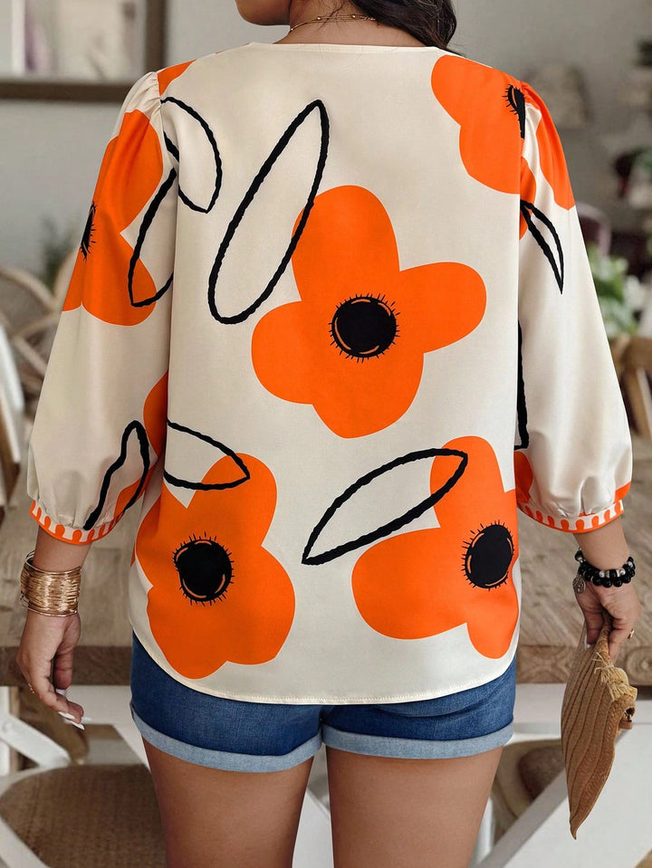 Pink Green Large Floral Print V-Neck Puff Sleeve Top