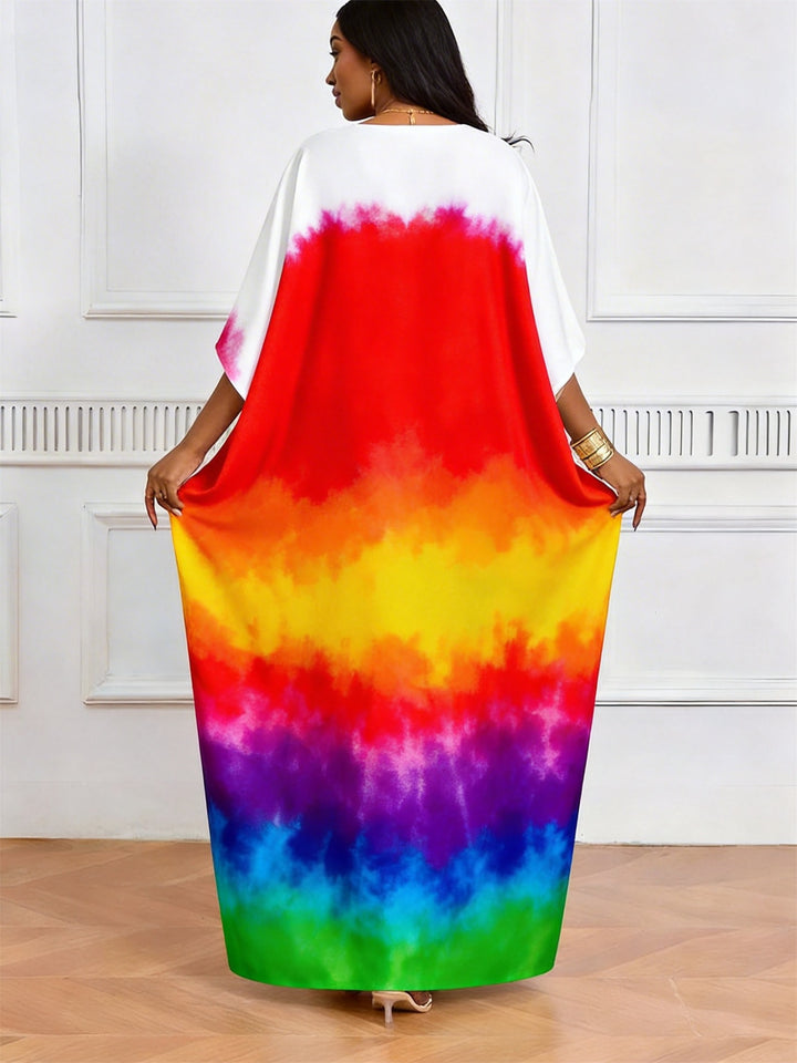 Taurus Symbol Full-size Rainbow Tie-dye Print V-Neck Elegant Dress