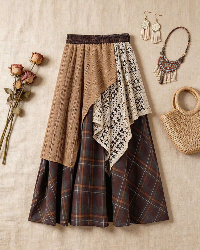 Vintage Plaid Irregular Stitching Skirt