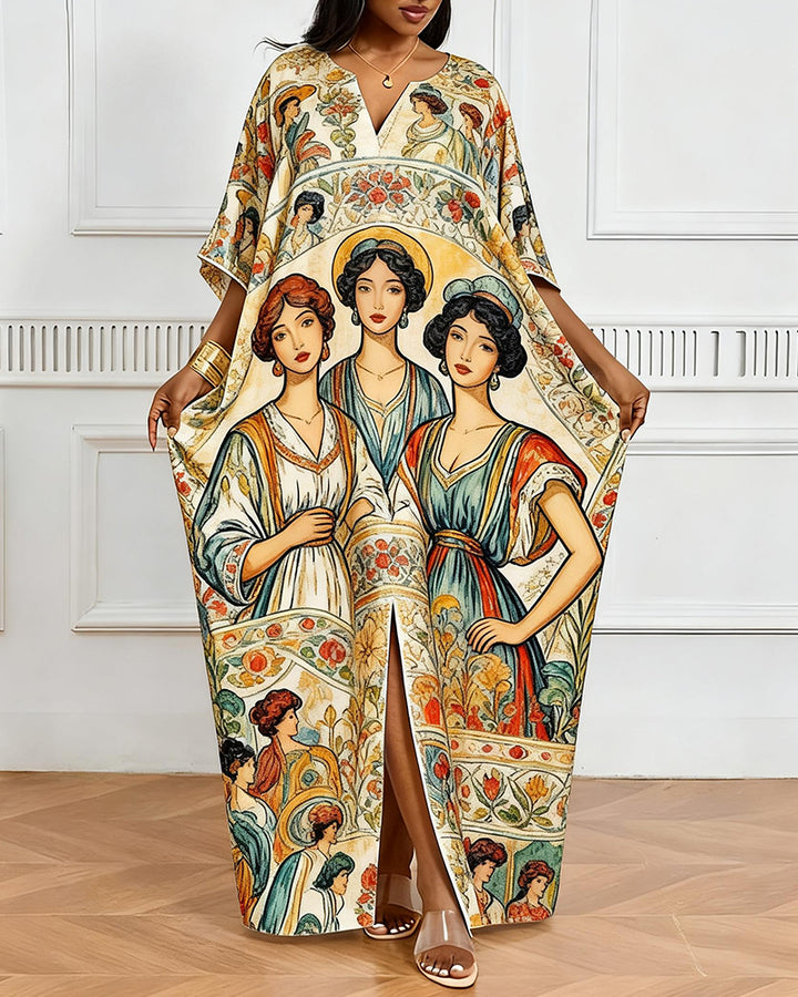 Classical Sanmei Figure Floral Print V-Neck Elegant Dress