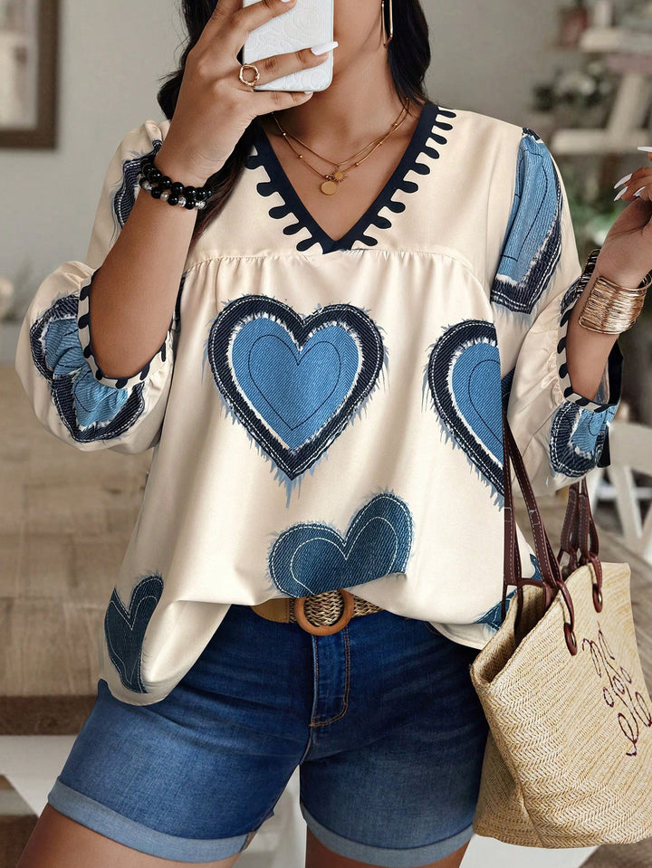 Denim Blue Love Printed V-Neck Puff Sleeve Top
