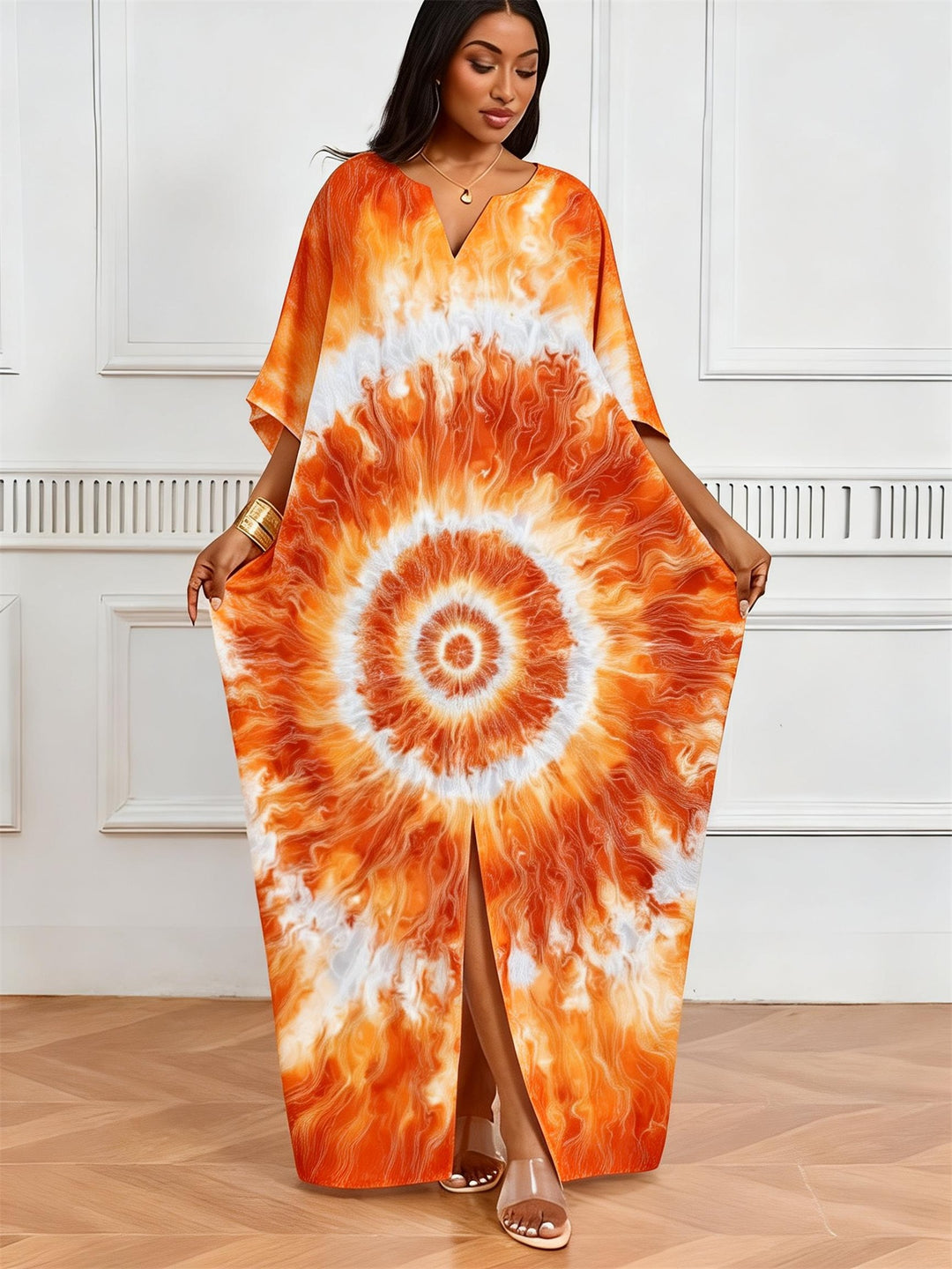 Orange White Spiral Tie-Dye V-Neck Elegant Dress