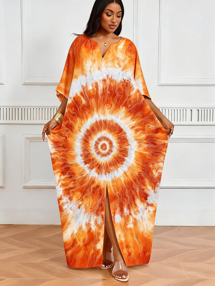 Orange White Spiral Tie-Dye V-Neck Elegant Dress