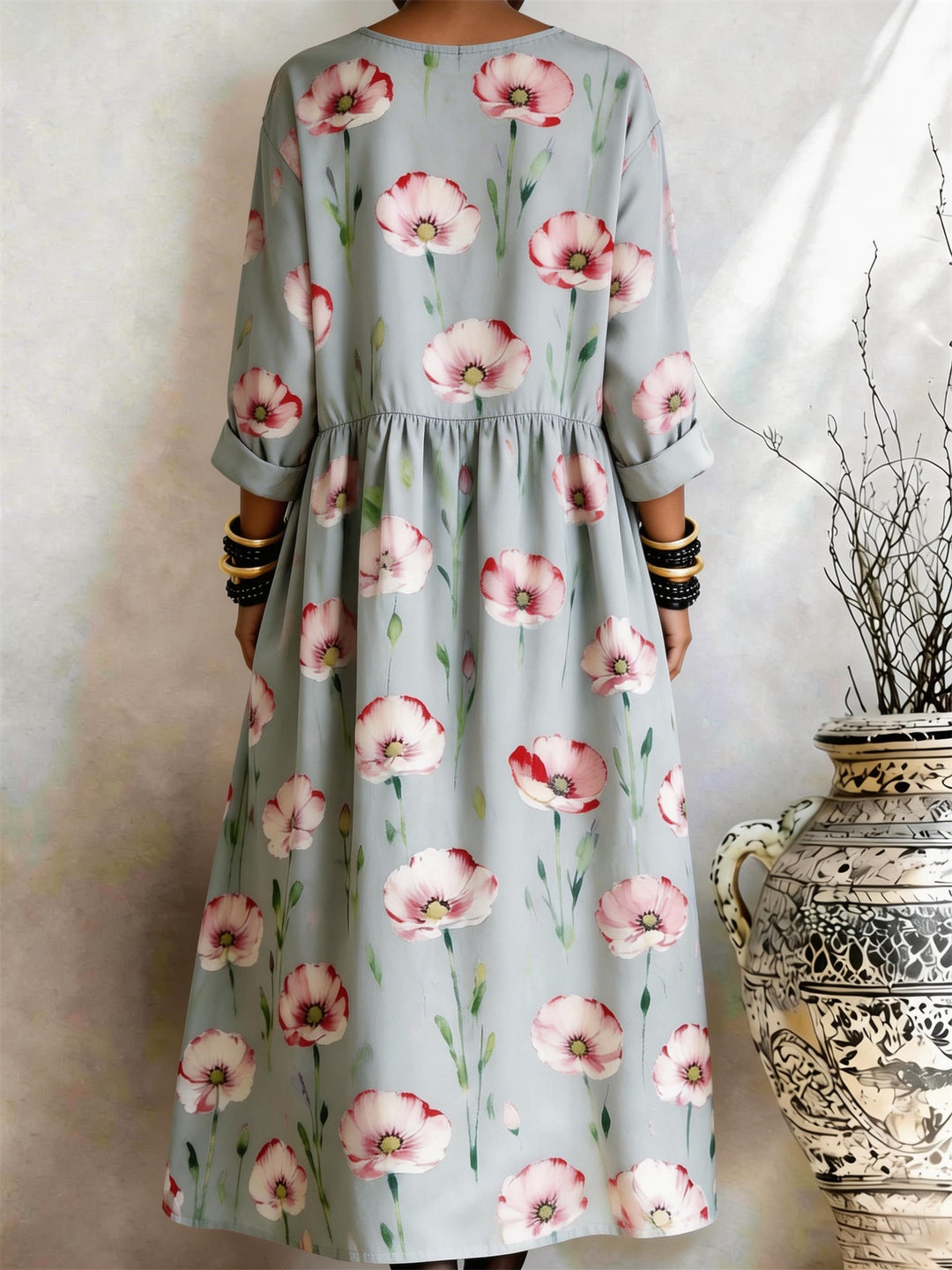 Light Grey Floral-Print Pocket Dress