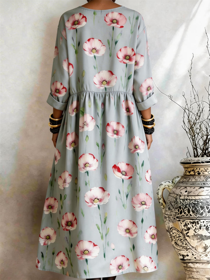 Light Grey Floral-Print Pocket Dress