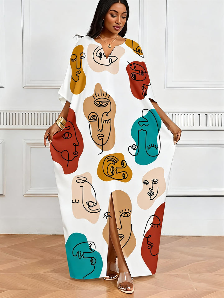 Colorful Abstract Face Print V-Neck Elegant Dress