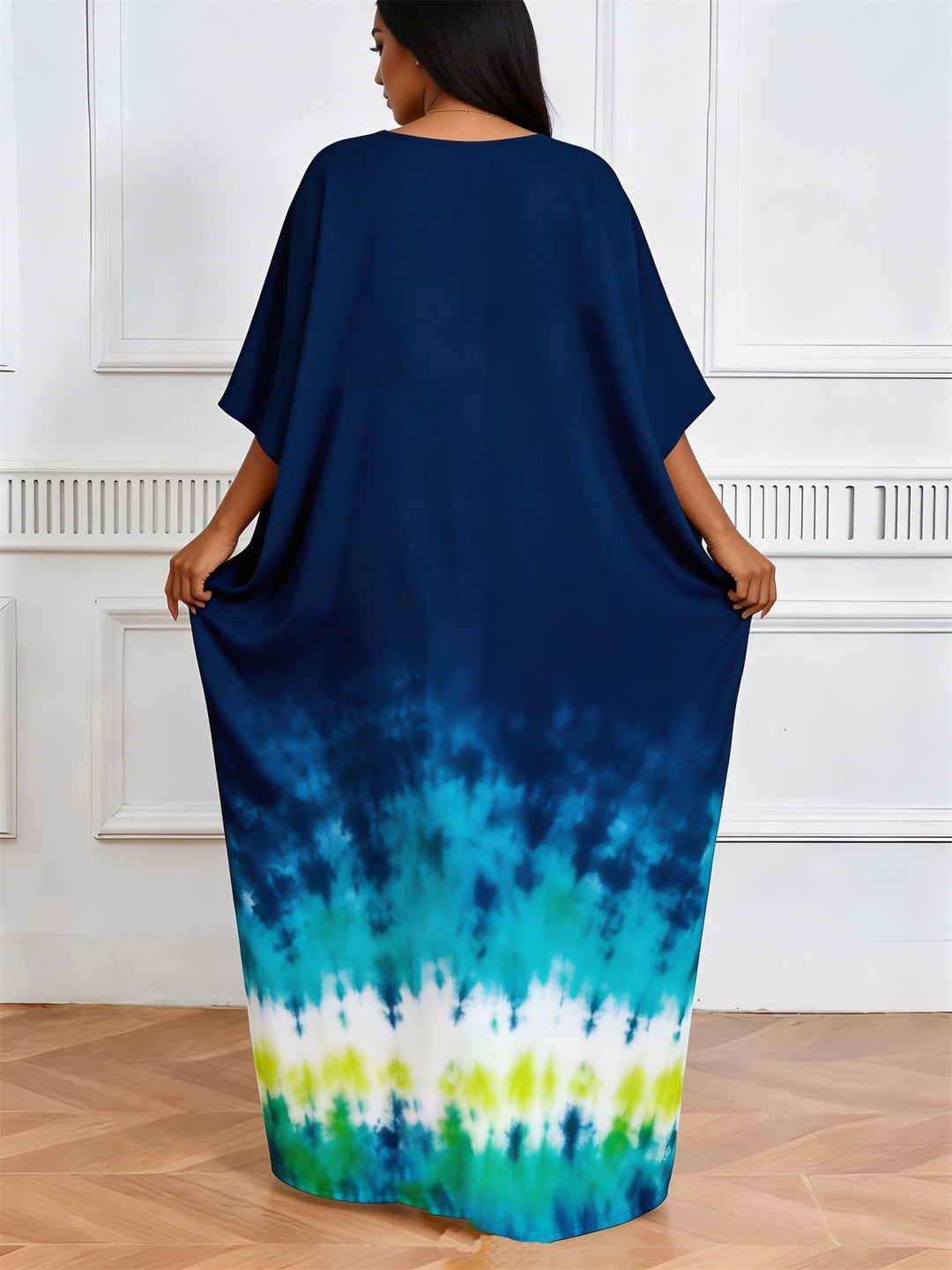 Cancer Symbol Blue And White Gradient Tie-Dye Print V-Neck Elegant Dress