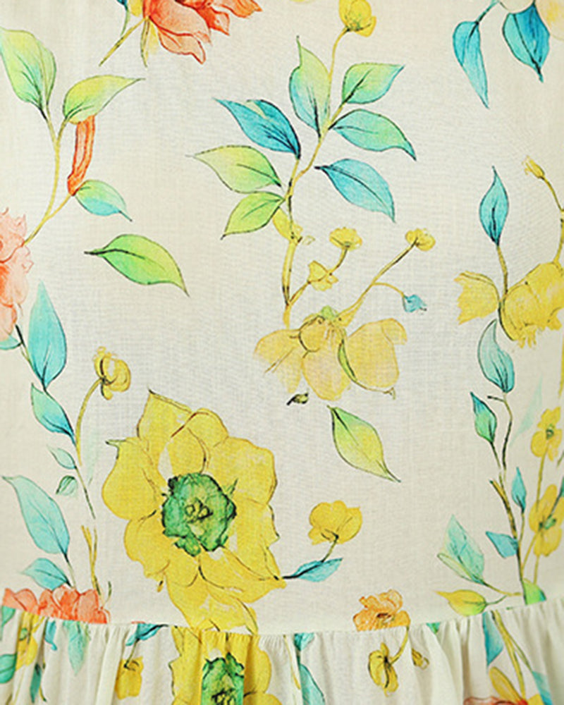 Fresh Watercolor Floral Cotton Linen Loose Dress