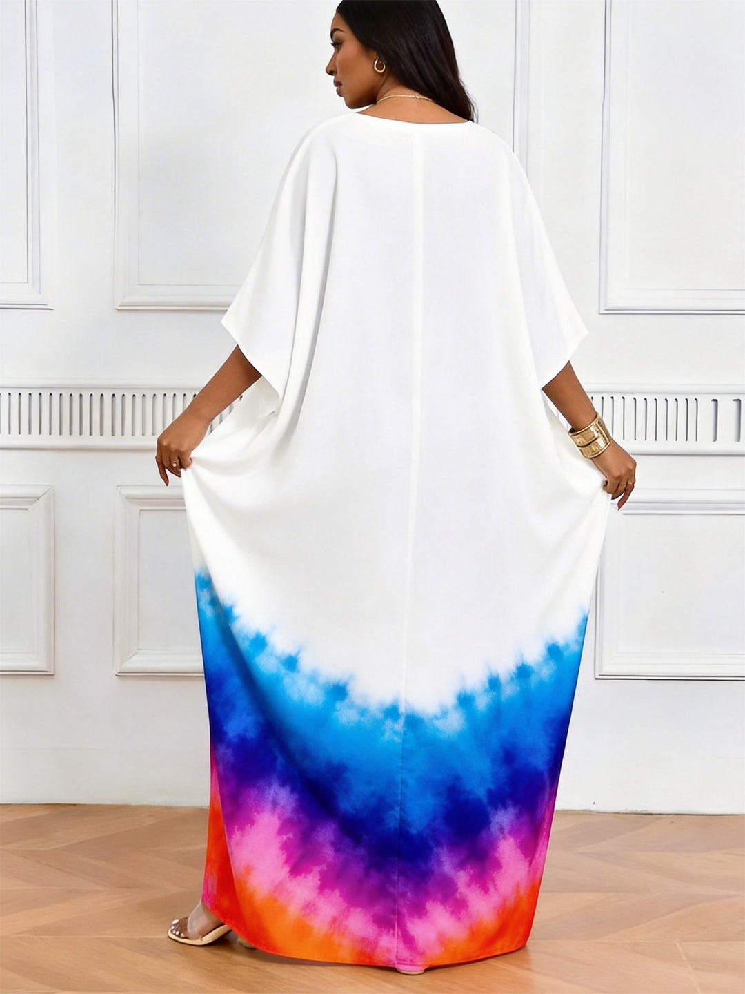 Pisces Symbol Blue Powder Orange Tie-Dye Print V-Neck Elegant Dress