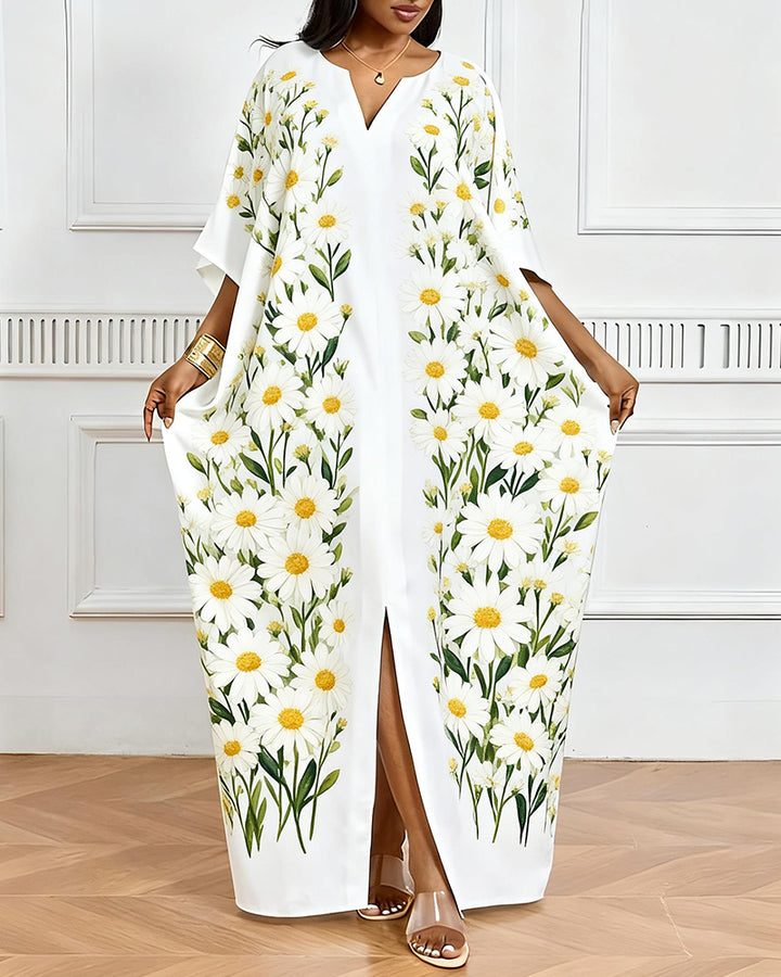 Refreshing Daisy Vertical Strip Print V-Neck Elegant Dress