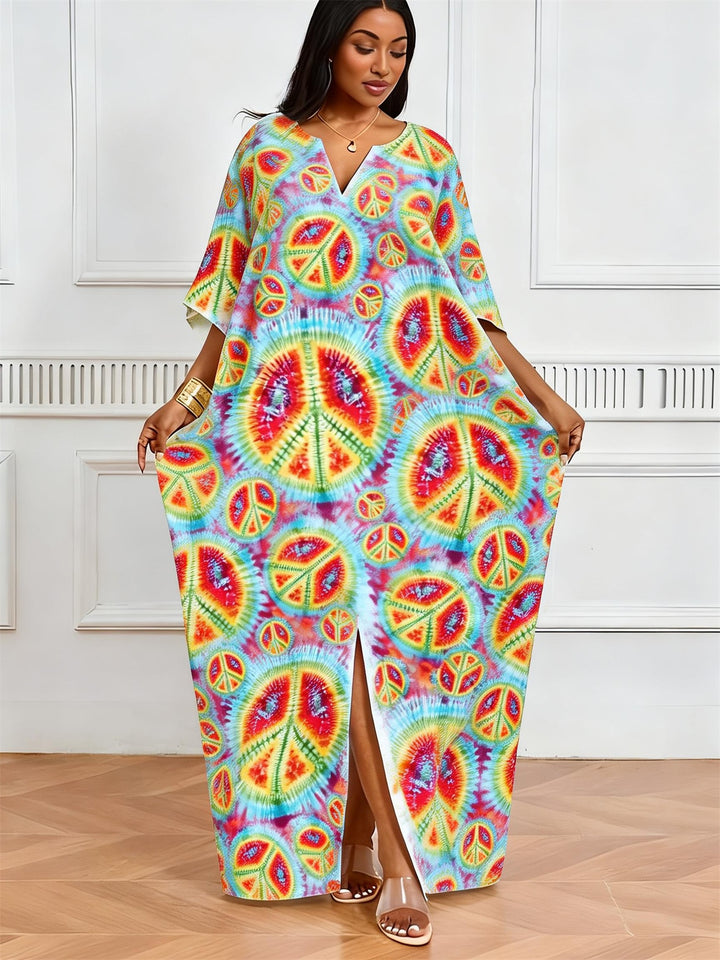 Rainbow Tie-Dye Peace Symbol Print V-Neck Elegant Dress