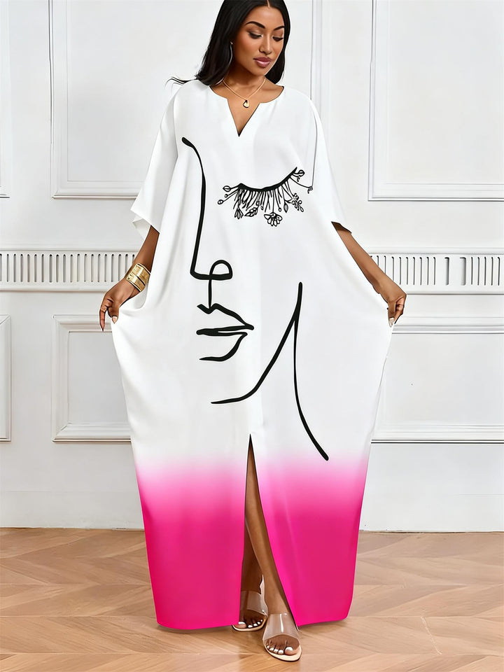 Pink White Gradient Single Line Face Print V-Neck Elegant Dress