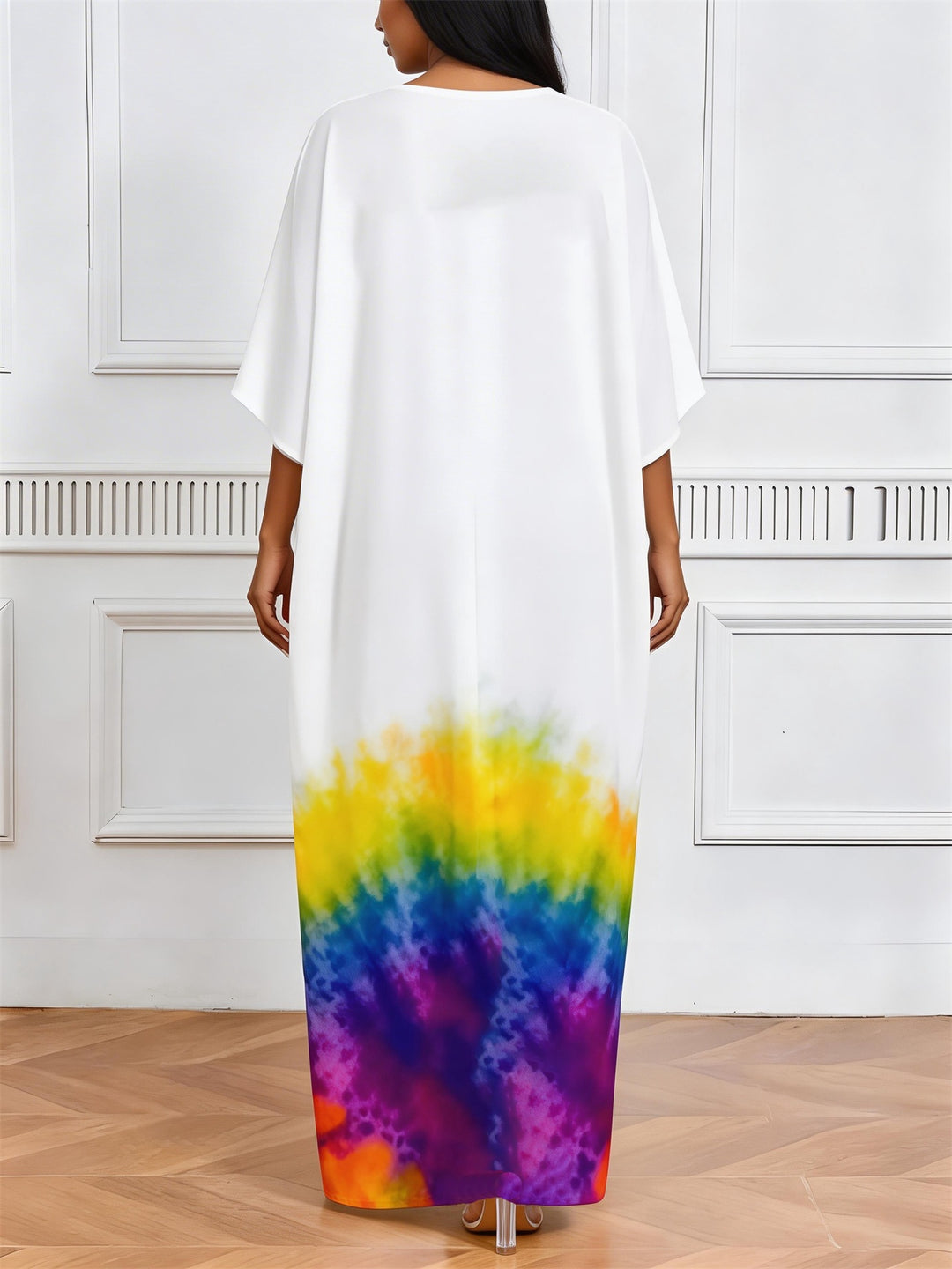 Libra Symbol Rainbow Tie-Dye Print V-Neck Elegant Dress