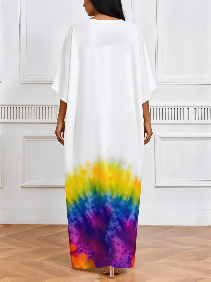 Libra Symbol Rainbow Tie-Dye Print V-Neck Elegant Dress