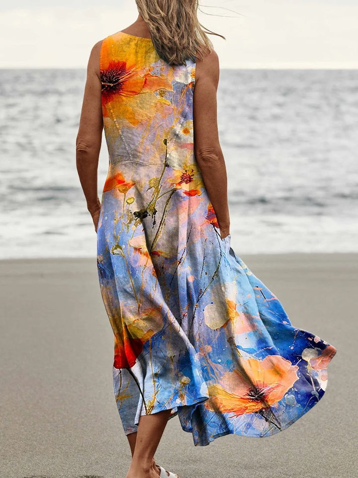 Watercolor Floral Print Pocket Round Neck Vest Dress