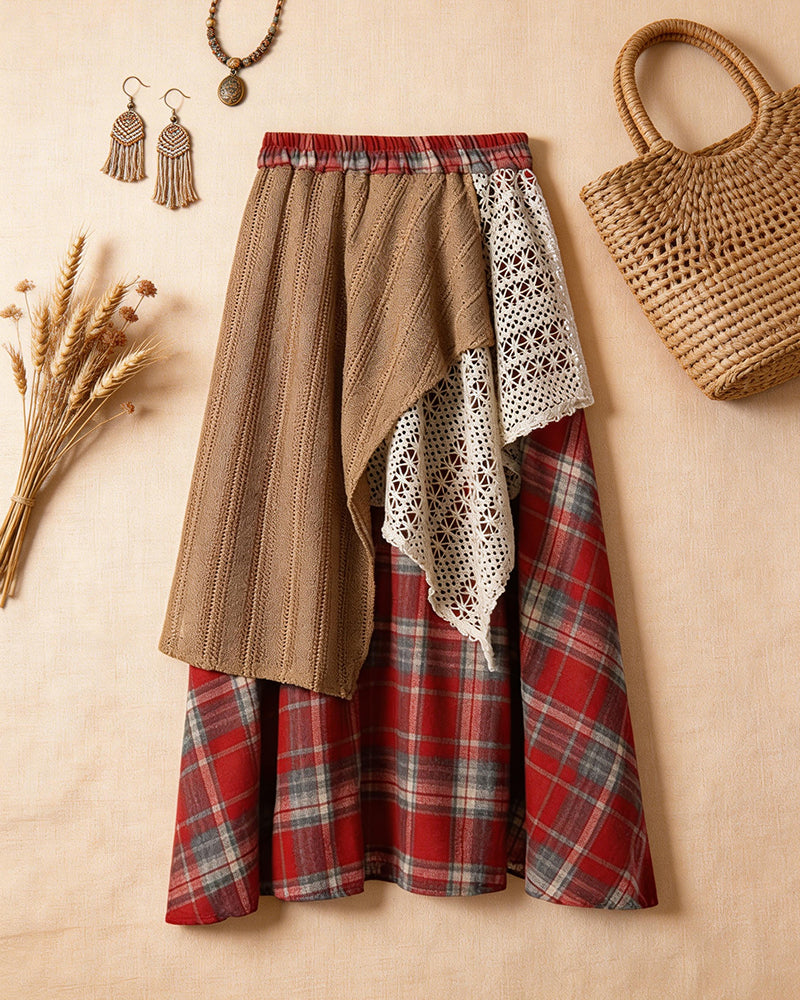 Vintage Plaid Irregular Stitching Skirt
