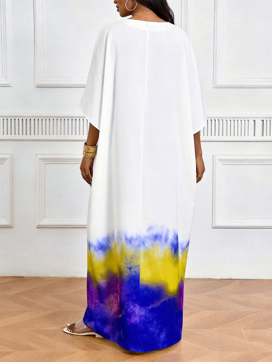 Gemini Symbol Blue Yellow Purple Tie-Dye V-Neck Elegant Dress