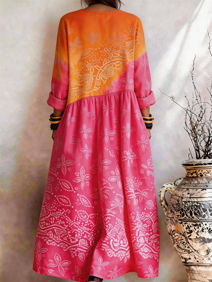 Orange Powder Gradient Floral Print Pocket Dress