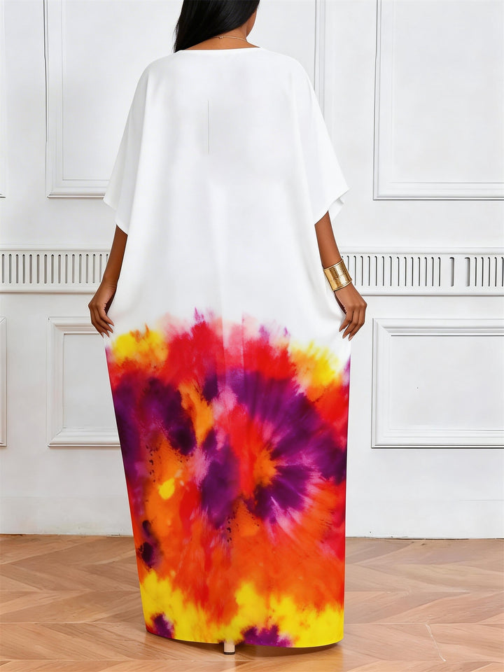 Leo Symbol Red Orange Yellow Tie-Dye V-Neck Elegant Dress