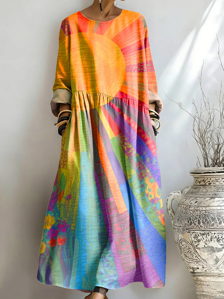 Women's Rainbow Sun Radial Print Pocket Dress