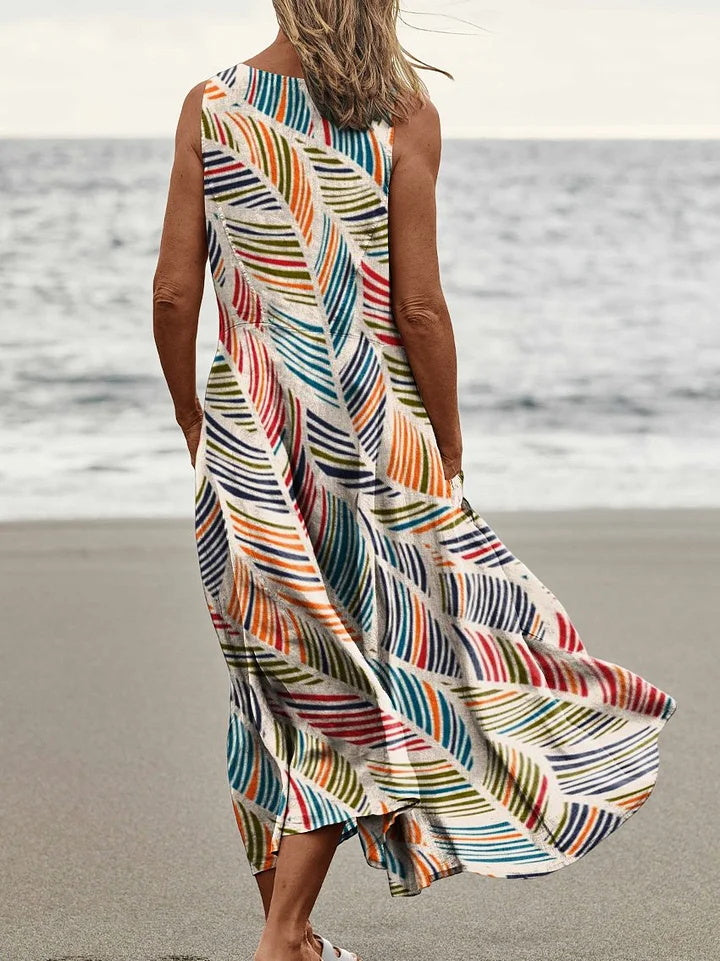 Ethnic Stripe Print Pocket Crewneck Vest Dress