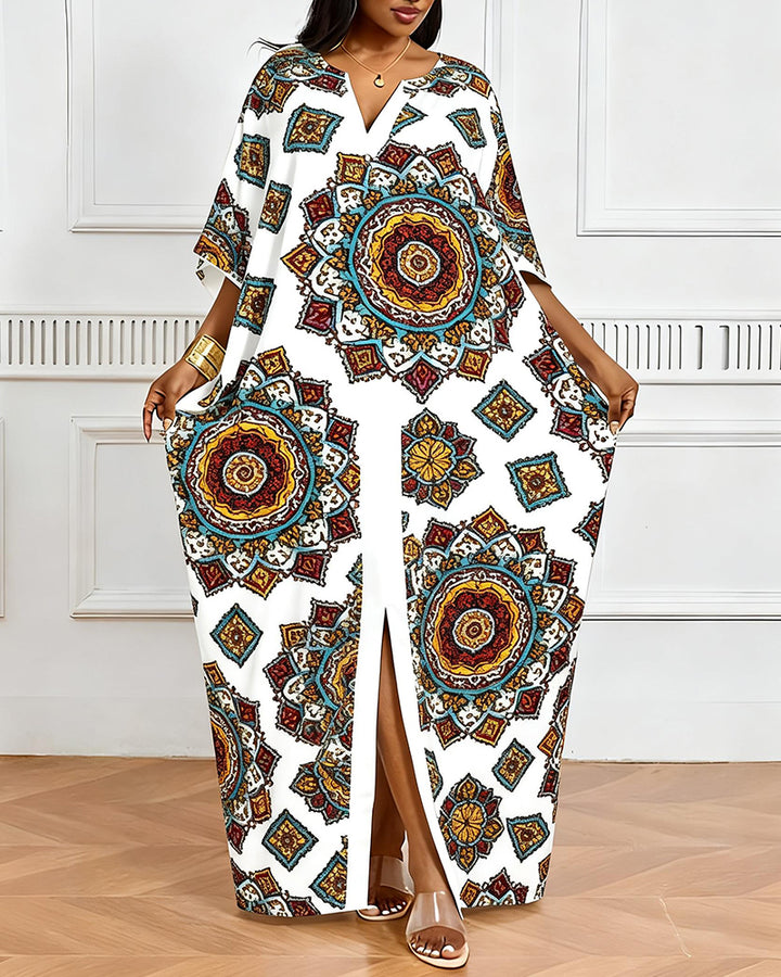 Ethnic Mandala Geometric Print V-Neck Elegant Dress