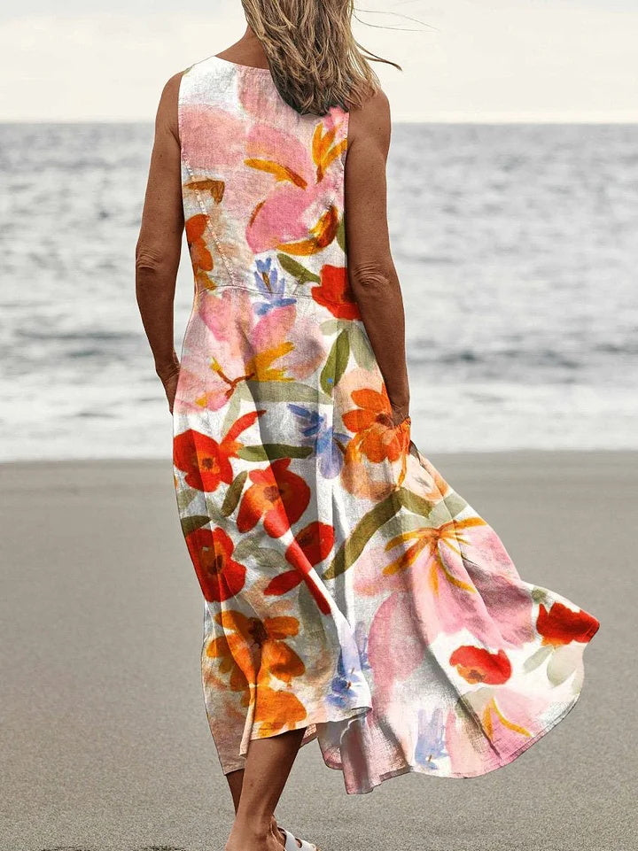 Contrast Floral-Print Pocket Crewneck Dress