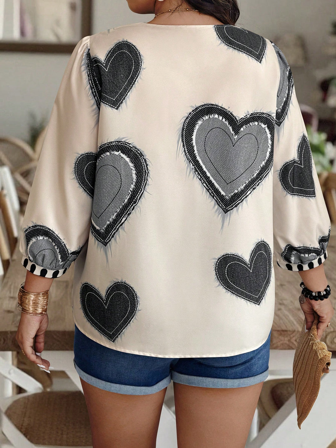 Denim Blue Love Printed V-Neck Puff Sleeve Top