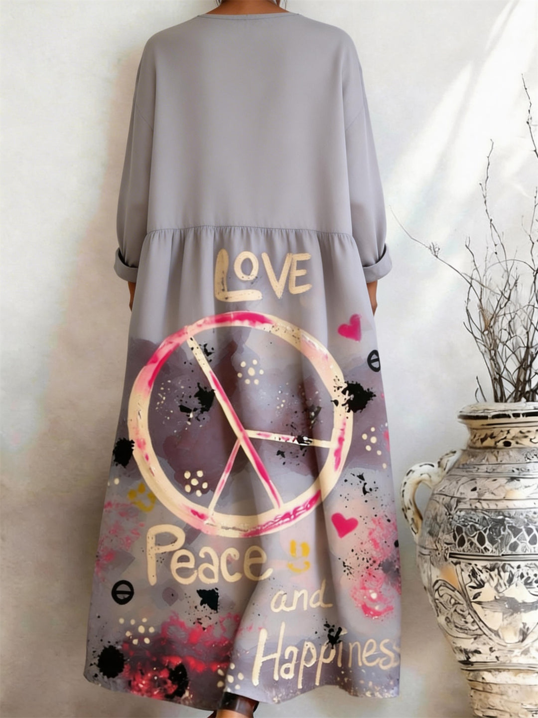 Grey Bottom Peace Symbol Love Peace Printed Pocket Dress