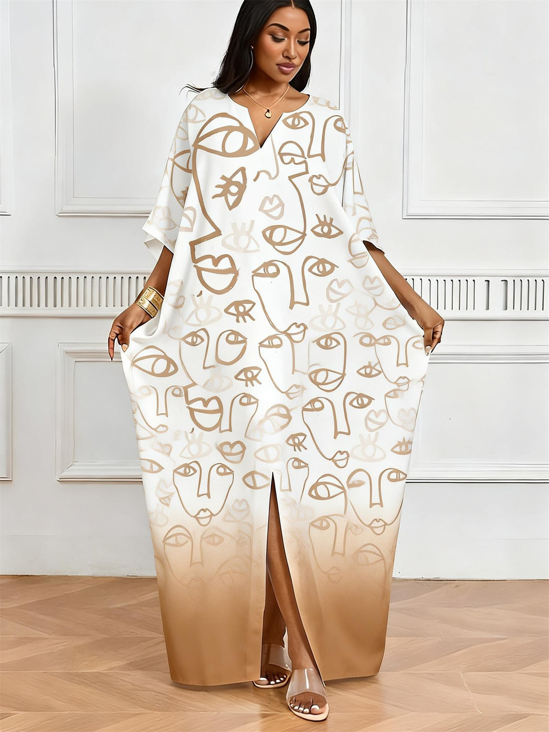 Khaki Gradient Abstract Face Print V-Neck Elegant Dress