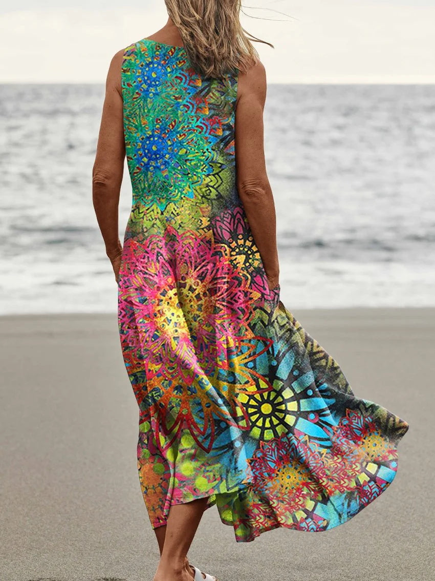 Mandala Geometric Print Pocket Crewneck Vest Dress