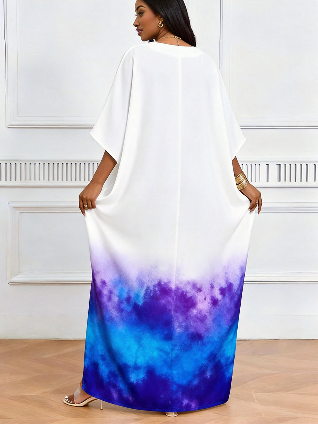 Scorpio Symbol Blue And Violet Gradient Tie-Dye Print V-Neck Elegant Dress