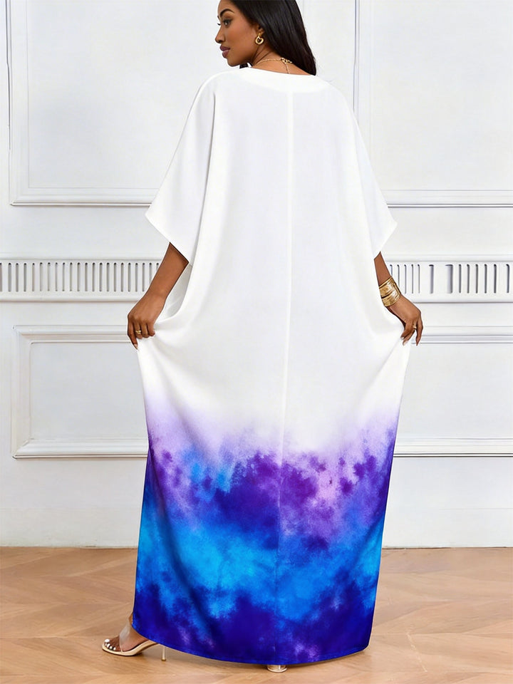 Scorpio Symbol Blue And Violet Gradient Tie-Dye Print V-Neck Elegant Dress