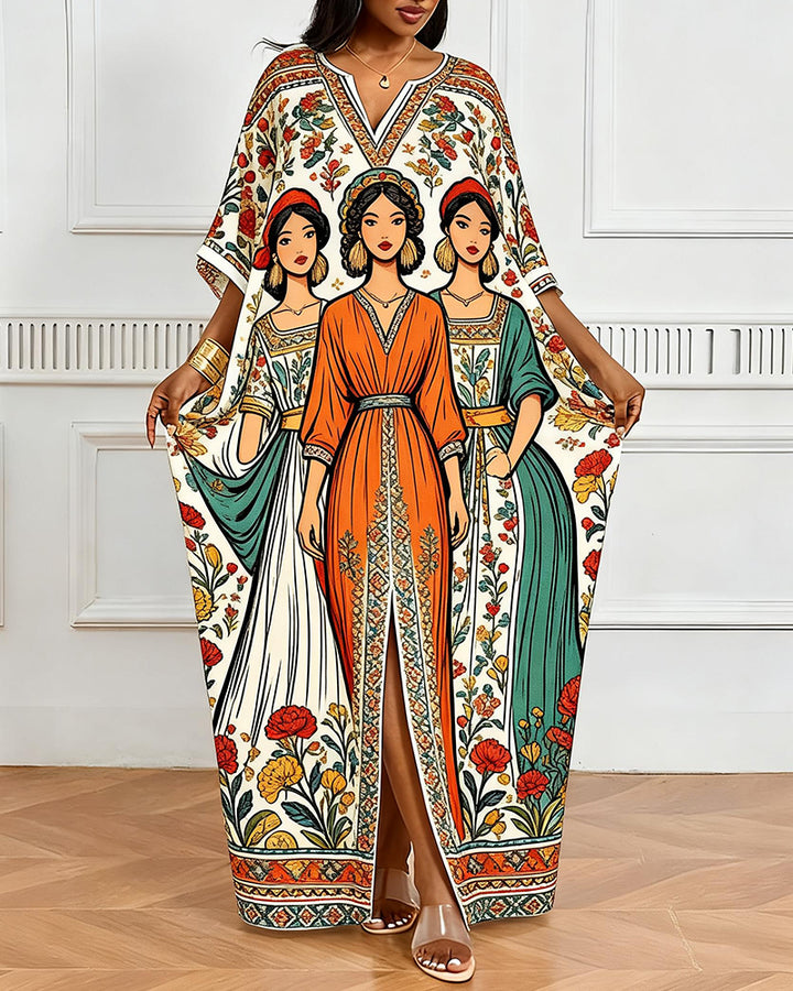 Alien Triple American Ethnic Floral Print V-Neck Elegant Dress