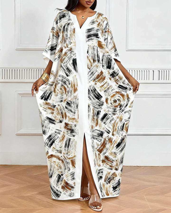Abstract Brush Contrast Graffiti Print V-Neck Elegant Dress