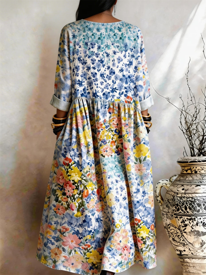 Blue Base Watercolor Floral Print Pocket Dress