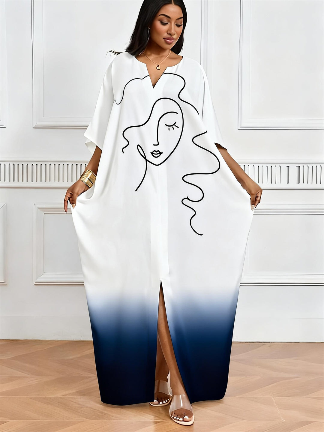 Blue And White Gradient Wave Line Face Print V-Neck Elegant Dress