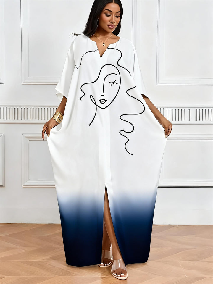Blue And White Gradient Wave Line Face Print V-Neck Elegant Dress