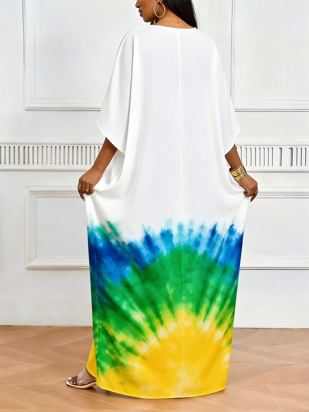 Virgo Symbol Blue Yellow Green Tie-Dye Print V-Neck Elegant Dress