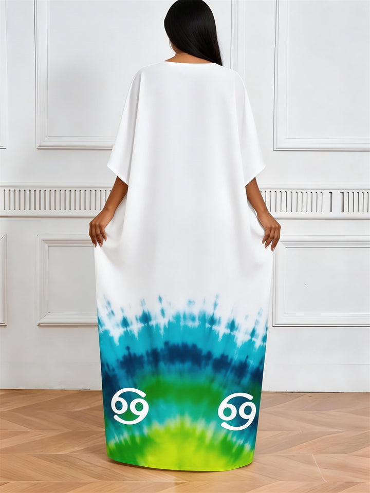 Cancer Symbol Blue-Green Tie-Dye V-Neck Elegant Dress