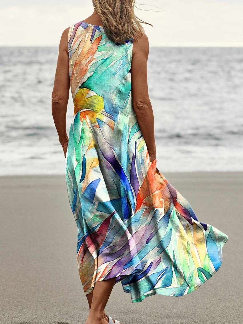 Colorful Splash Ink Print Pocket Crewneck Vest Dress