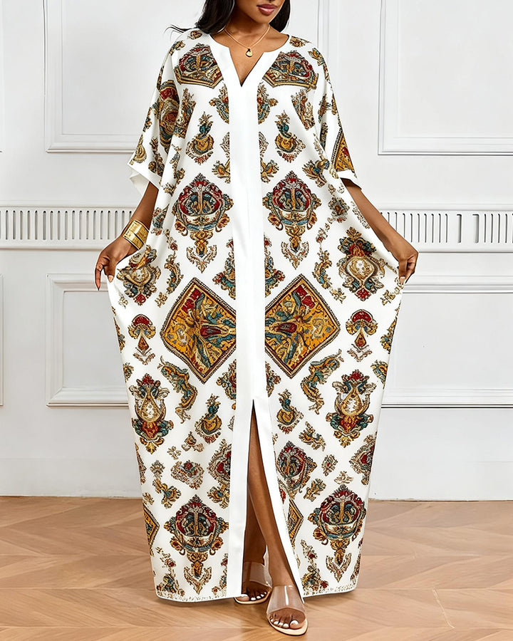 Vintage Palace Style Diamond Totem Print V-Neck Elegant Dress